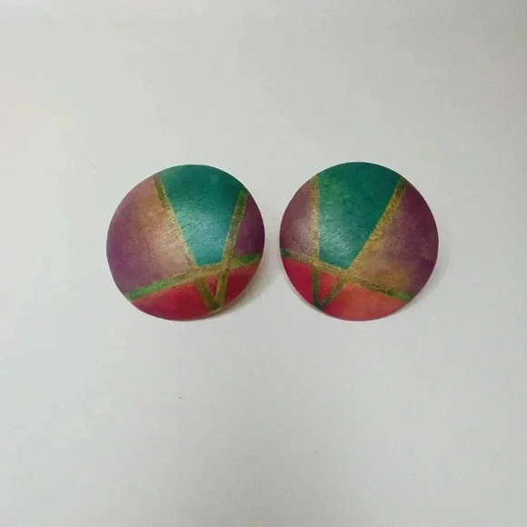 Wooden Stud Earrings Colorful 1980's - Picture 1 of 5